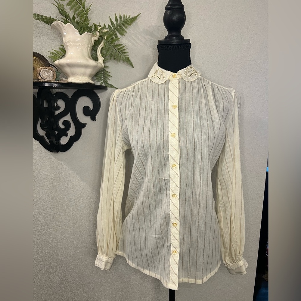 George Yazbek‎ for Gordon Peters Cream Button Up Eyelet Embroidery Collar Blouse - Picture 3 of 15
